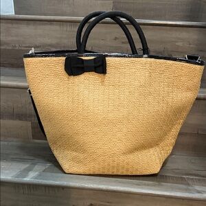 Bath & Body Works Straw and Black Tote Bag with Bow